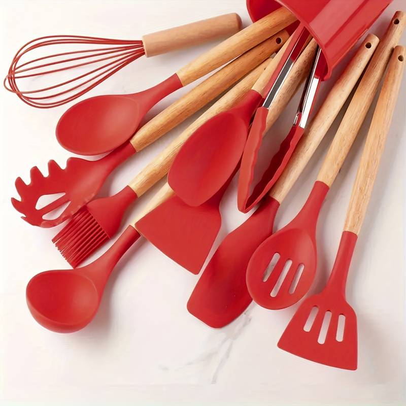 Conjunto Minimalista de Utensílios de Silicone e Madeira – 12 Peças