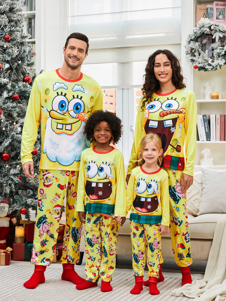 Conjuntos de Pijamas Natalícios em Conjunto Cor de Esponja Bob para a Família com Meias de Natal