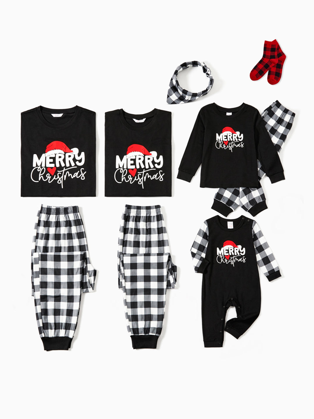 Conjunto de Pijamas de Manga Longa com Estampa de Letras que Brilham no Escuro para a Família, a Condizer no Natal, com Meias de Natal Preto+Branco