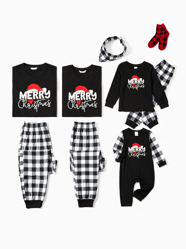 Conjunto de Pijamas de Manga Longa com Estampa de Letras que Brilham no Escuro para a Família, a Condizer no Natal, com Meias de Natal Preto+Branco