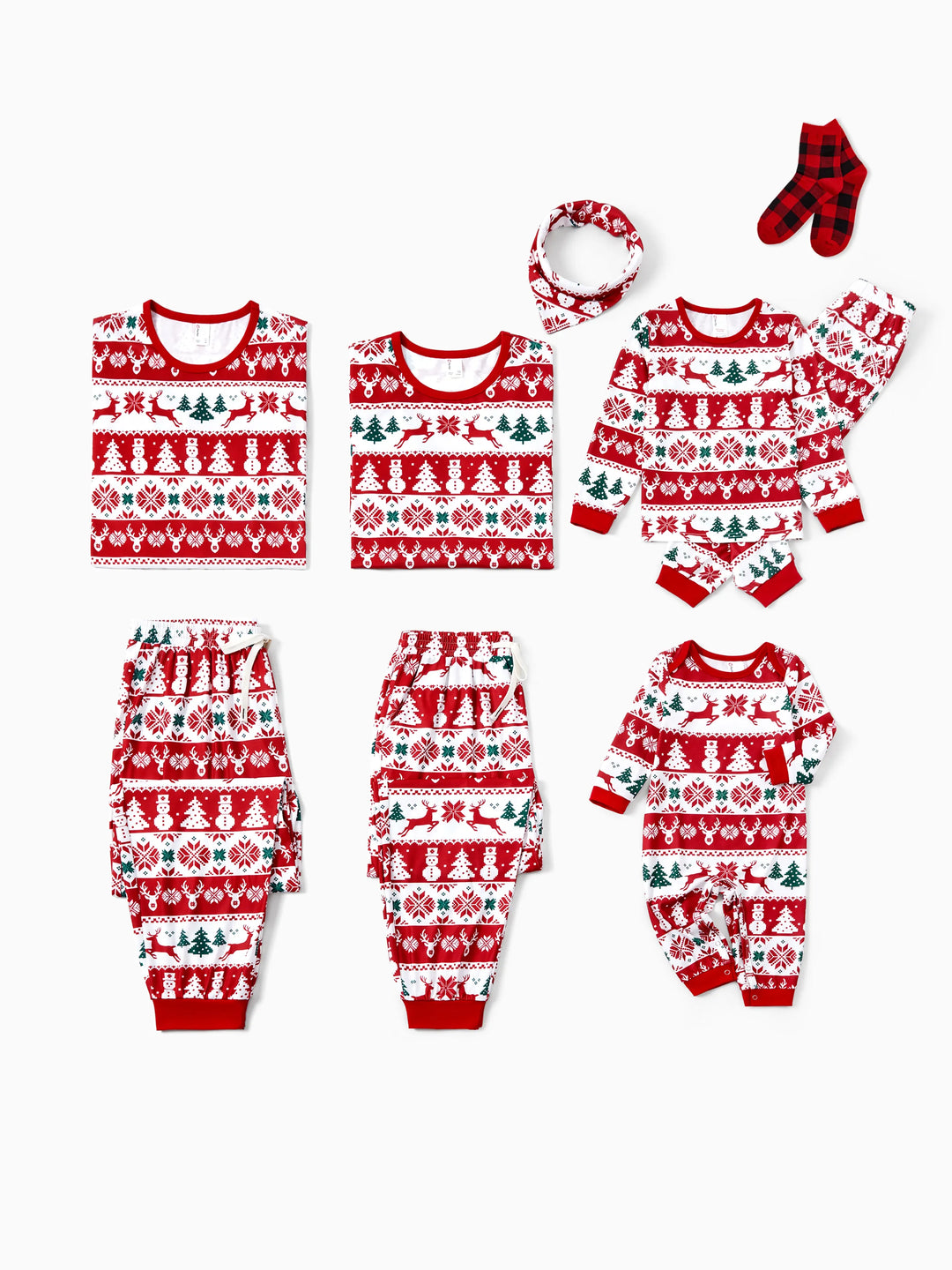 Conjunto de Pijamas de Natal para Família em Conjunto: Com Estampado de Rena e Boneco de Neve, Pijamas Vermelhos de Manga Longa com Meias de Natal Vermelhas.