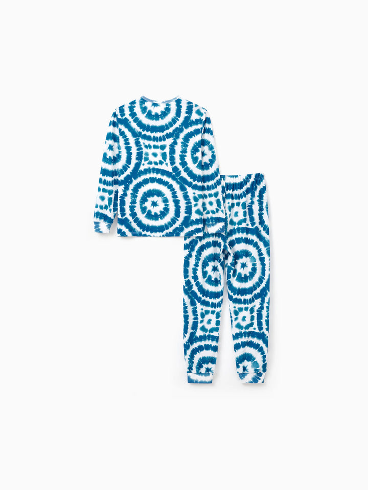 Conjunto de Pajamas de Natal em Família com Estampa de Boneco de Neve em Tie-dye Azul com Meias de Natal Azul Escuro