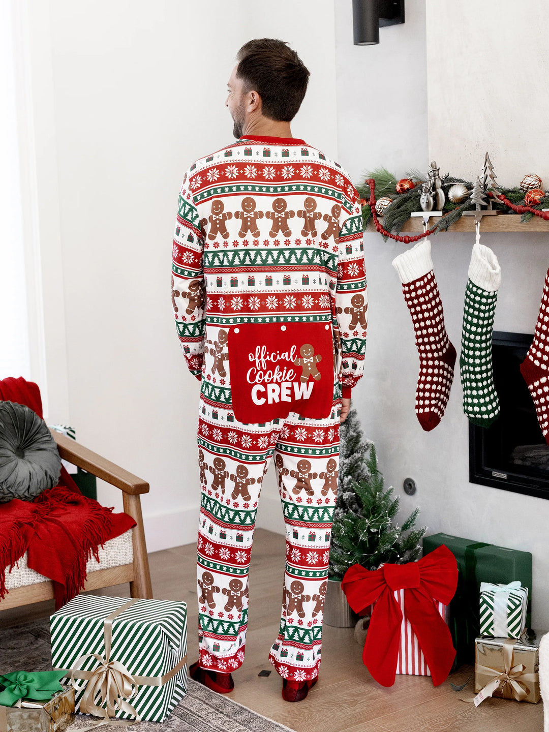 Conjunto de Pijamas Igualitários para a Família no Natal - Pijamas com Estampa de Gengibre e Plaid Temática de Natal, Inclui Meias de Natal - Vermelho