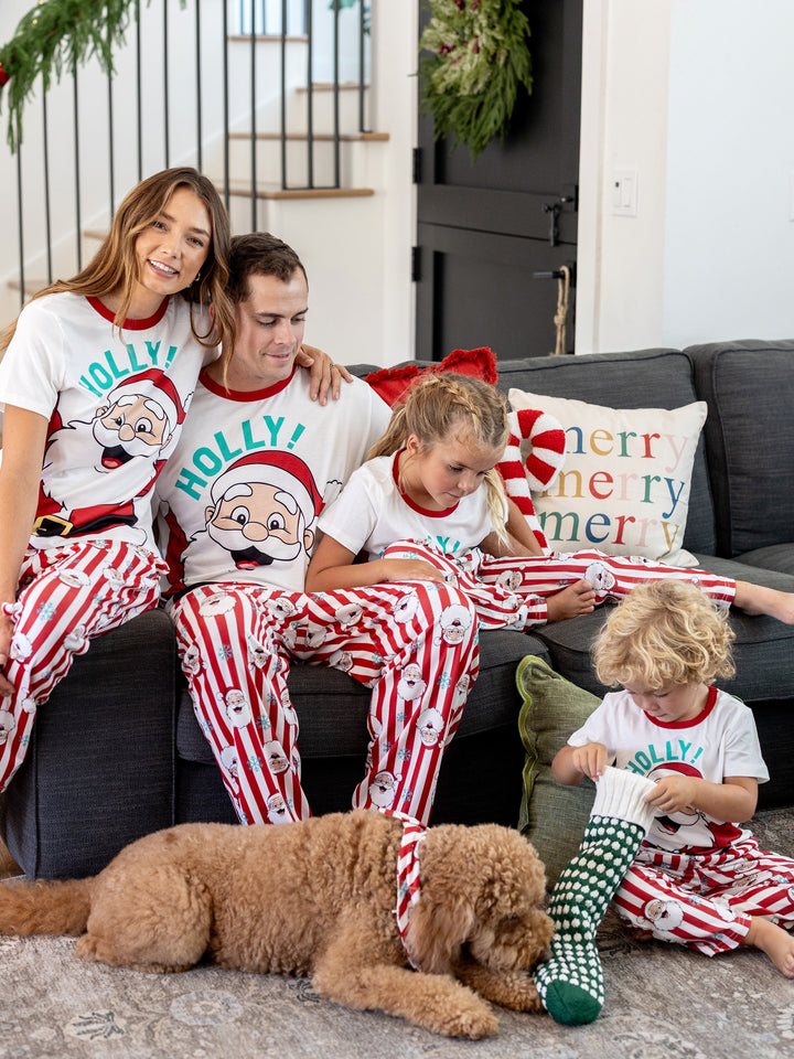 Conjunto de Pijamas de Natal em Conjunto para a Família - Pai Natal e Flocos de Neve em Riscas Vermelhas