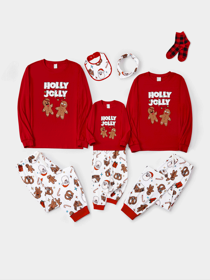 Conjunto de Pijamas de Natal coordenados para toda a família - Pijamas que brilham no escuro com Bolachas de Natal e Pai Natal, acompanhados de meias de Natal vermelhas.