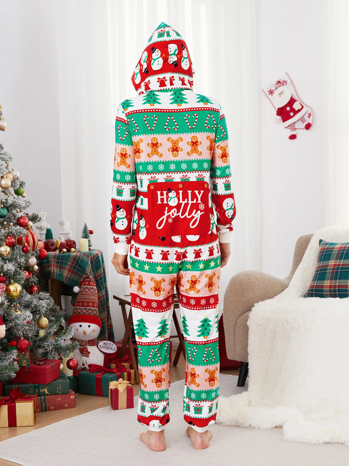 Pijamas de uma peça Conjuntos de Natal Coordenados Estampados com Zíper à Frente Impressão Holly Jolly com Meias de Natal Fundo Multicolorido