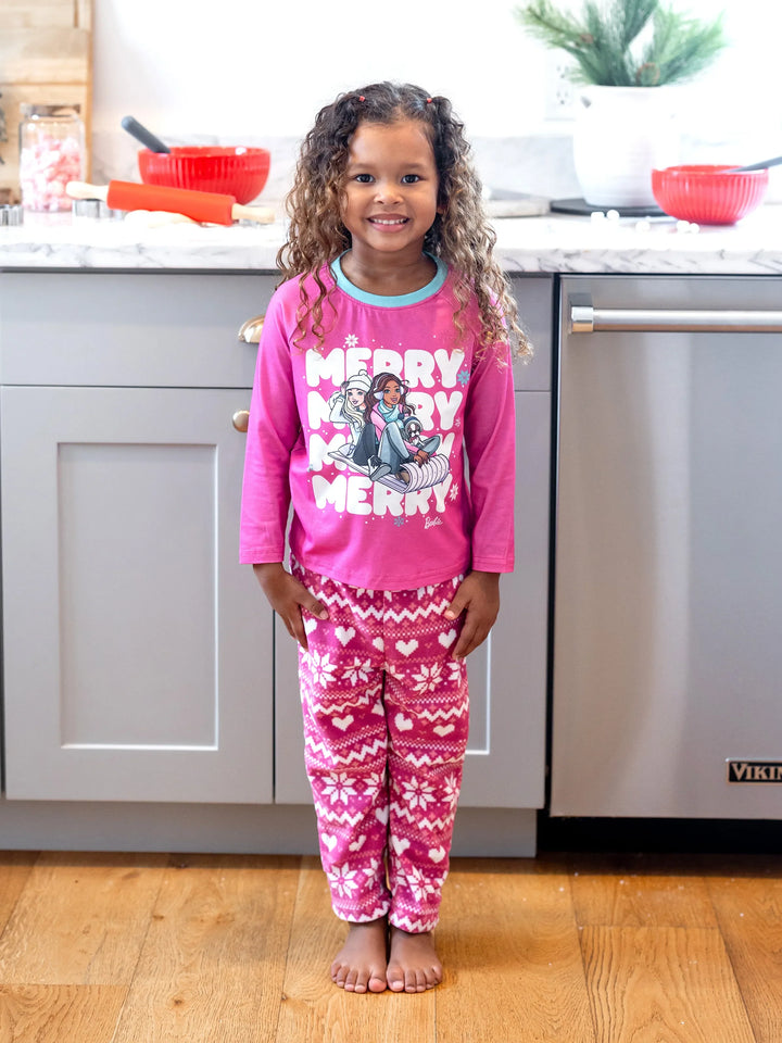 Conjunto de Pijamas em Rosa Choque para Mãe e Filha com Estampado de Flocos de Neve da Barbie para o Natal
