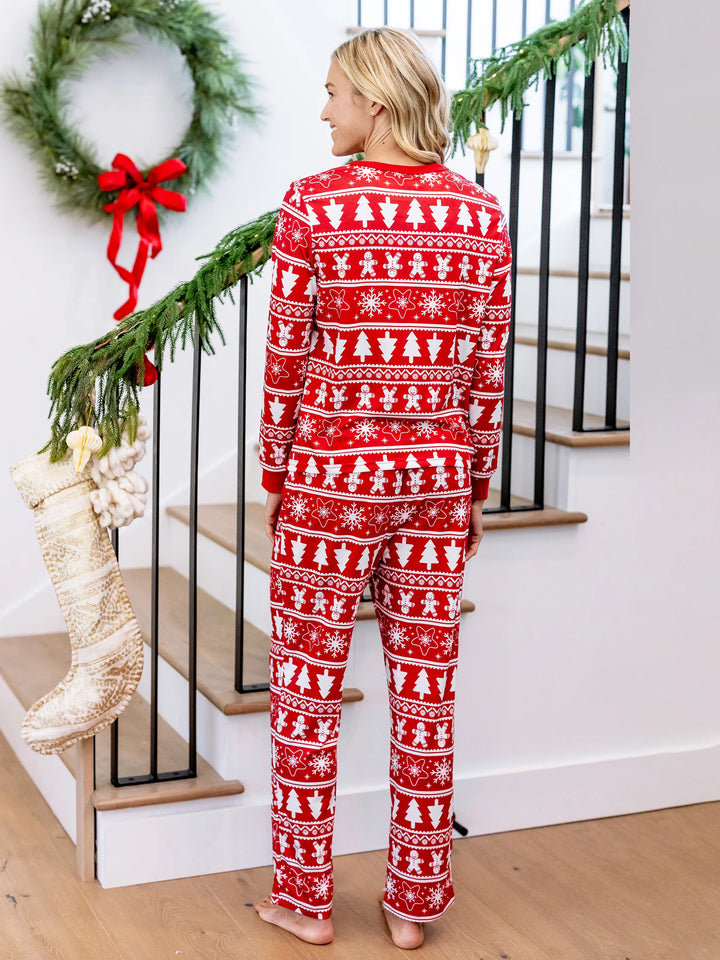 Conjunto de Pijamas em Família Coordenados para o Natal com Estampado de Homem de Gengibre e Árvore de Natal, Pijamas Vermelhos com Meias de Natal Vermelhas