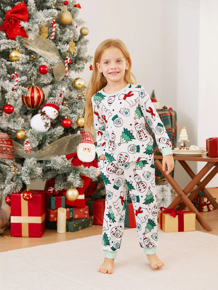 Conjunto de Pijamas de Natal em Família com Mangas Longas – T-Shirts Verdes Muito Felizes e Calças com Padrão, Inclui Meias de Natal – Verde Primavera Médio