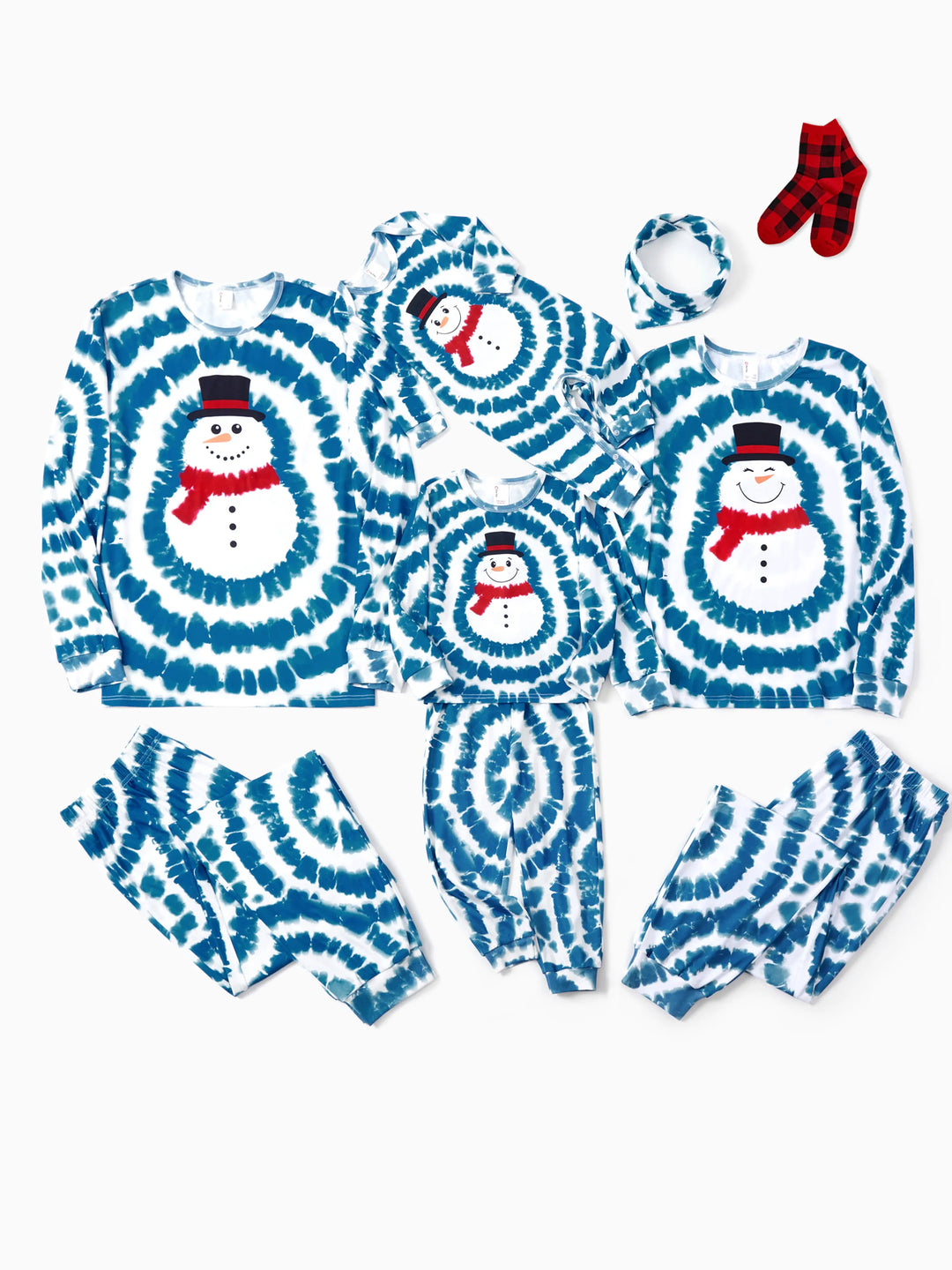 Conjunto de Pajamas de Natal em Família com Estampa de Boneco de Neve em Tie-dye Azul com Meias de Natal Azul Escuro