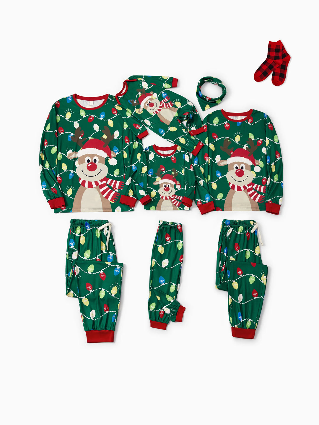 Conjunto de Pijamas de Natal para a Família em Coordenação - Estampado de Renas em Verde com Meias de Natal Verdes