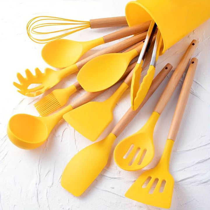 Conjunto Minimalista de Utensílios de Silicone e Madeira – 12 Peças