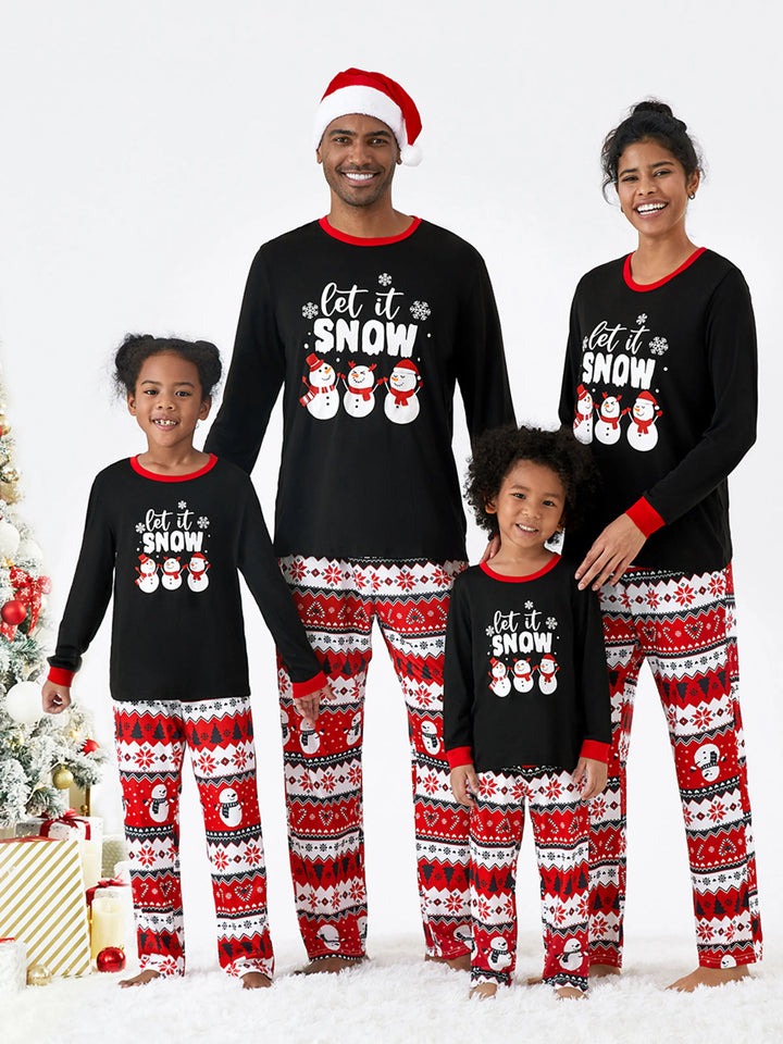 Conjunto de Pijamas de Natal para Famílias com Impressão de Boneco de Neve – PJs de Manga Longa com Meias de Natal – Preto