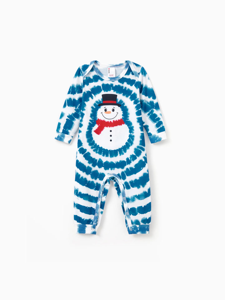 Conjunto de Pajamas de Natal em Família com Estampa de Boneco de Neve em Tie-dye Azul com Meias de Natal Azul Escuro