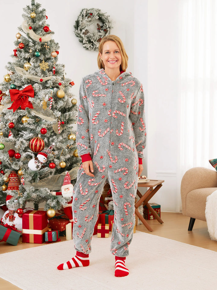 Pijamas de Uma Peça Conjuntos de Natal Correspondentes Padrão de Bastão de Caramelo (Brilham no Escuro) com Meias de Natal Pretas