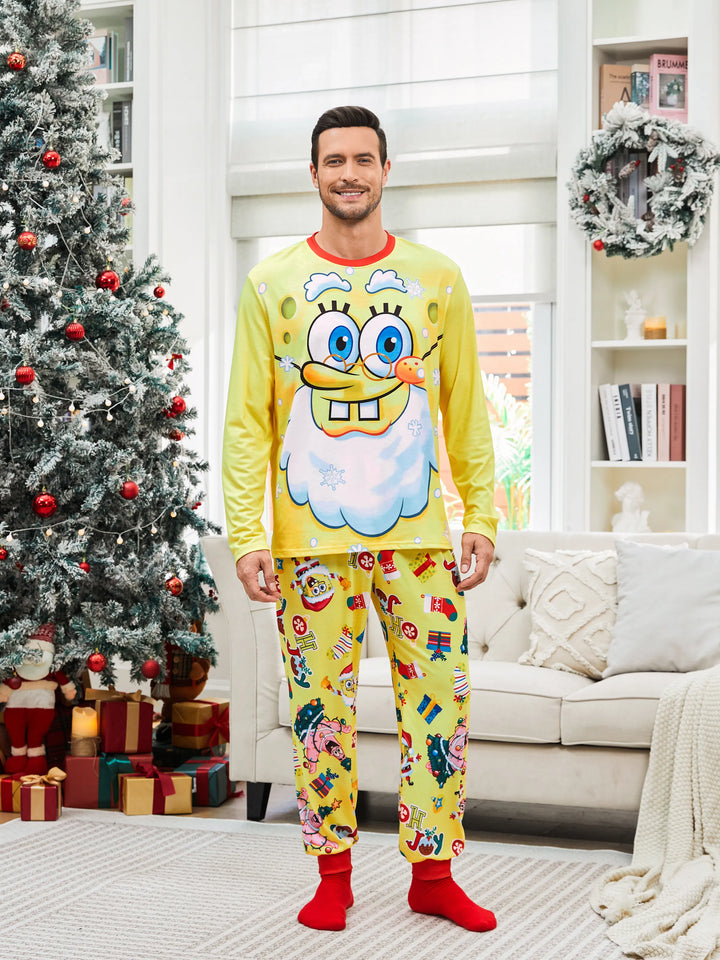 Conjuntos de Pijamas Natalícios em Conjunto Cor de Esponja Bob para a Família com Meias de Natal