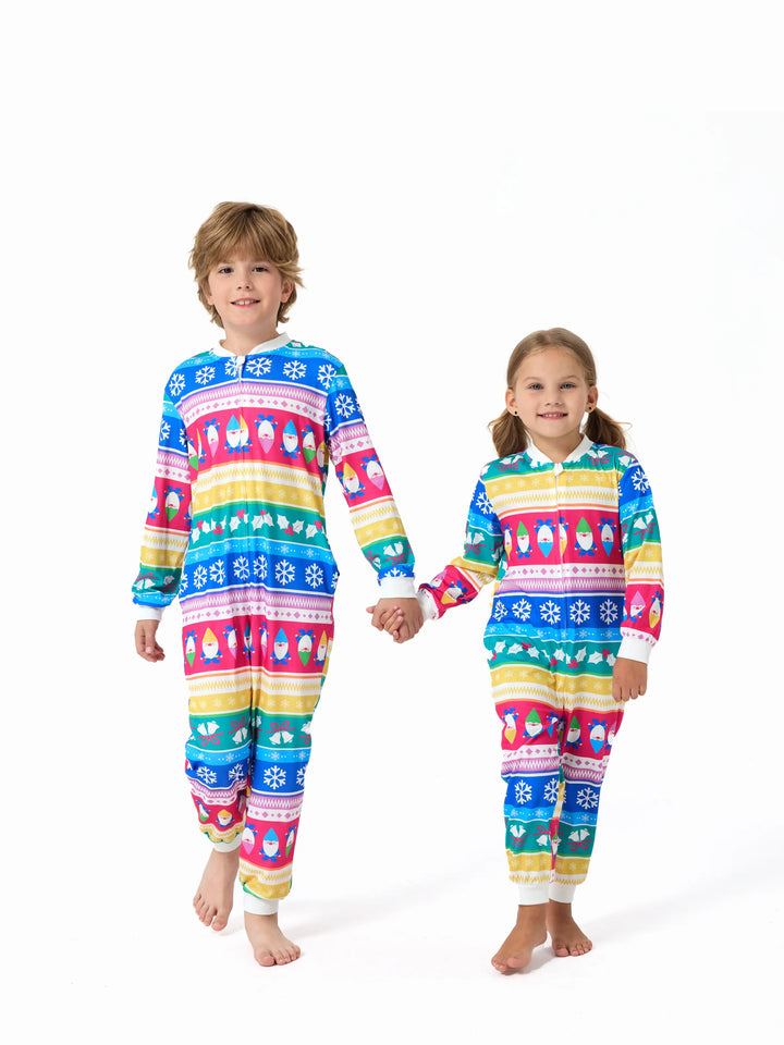 Conjunto de Pijamas de Natal para a Família com Padrão de Gnomos e Listras, incluindo Meias de Natal em Multicor