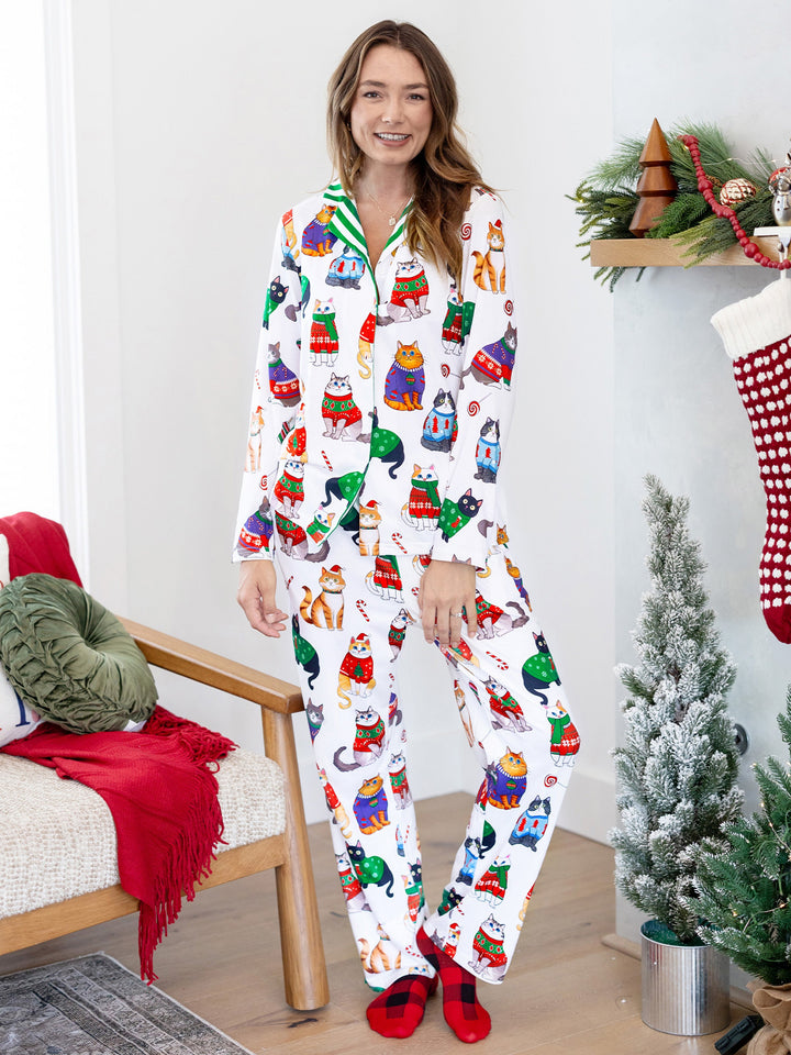 Conjunto de Pijamas de Natal para a Família com Estampa de Gato de Natal e Meias de Natal Multicoloridas