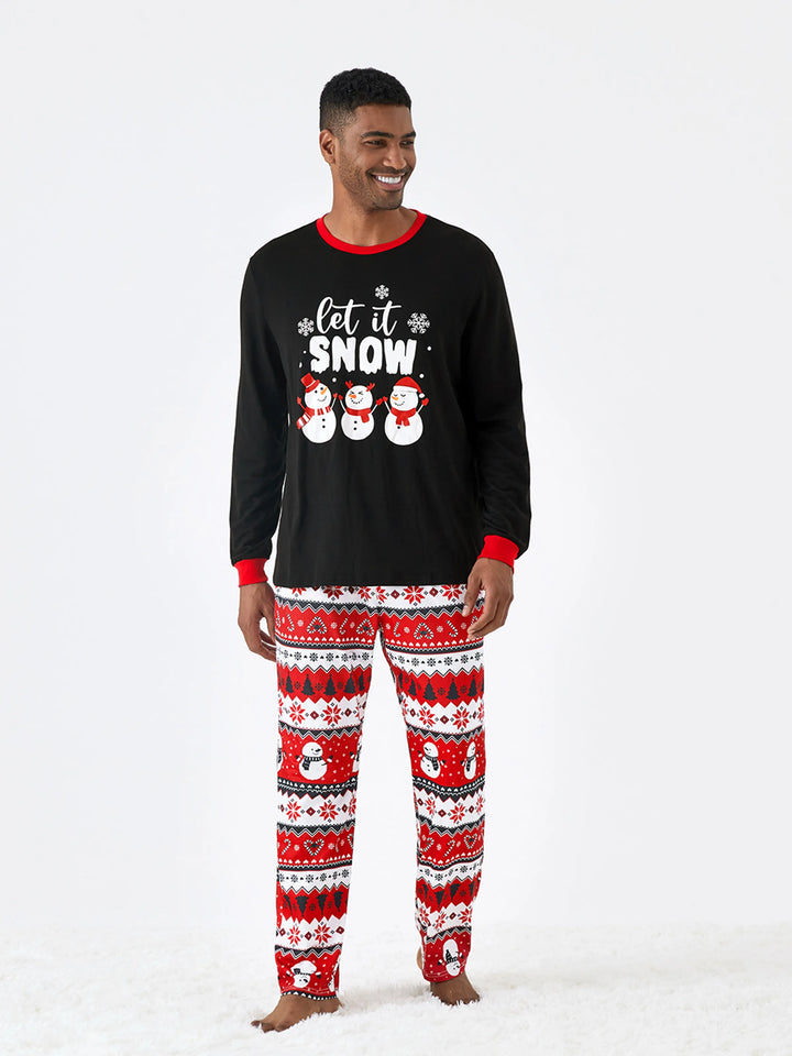 Conjunto de Pijamas de Natal para Famílias com Impressão de Boneco de Neve – PJs de Manga Longa com Meias de Natal – Preto
