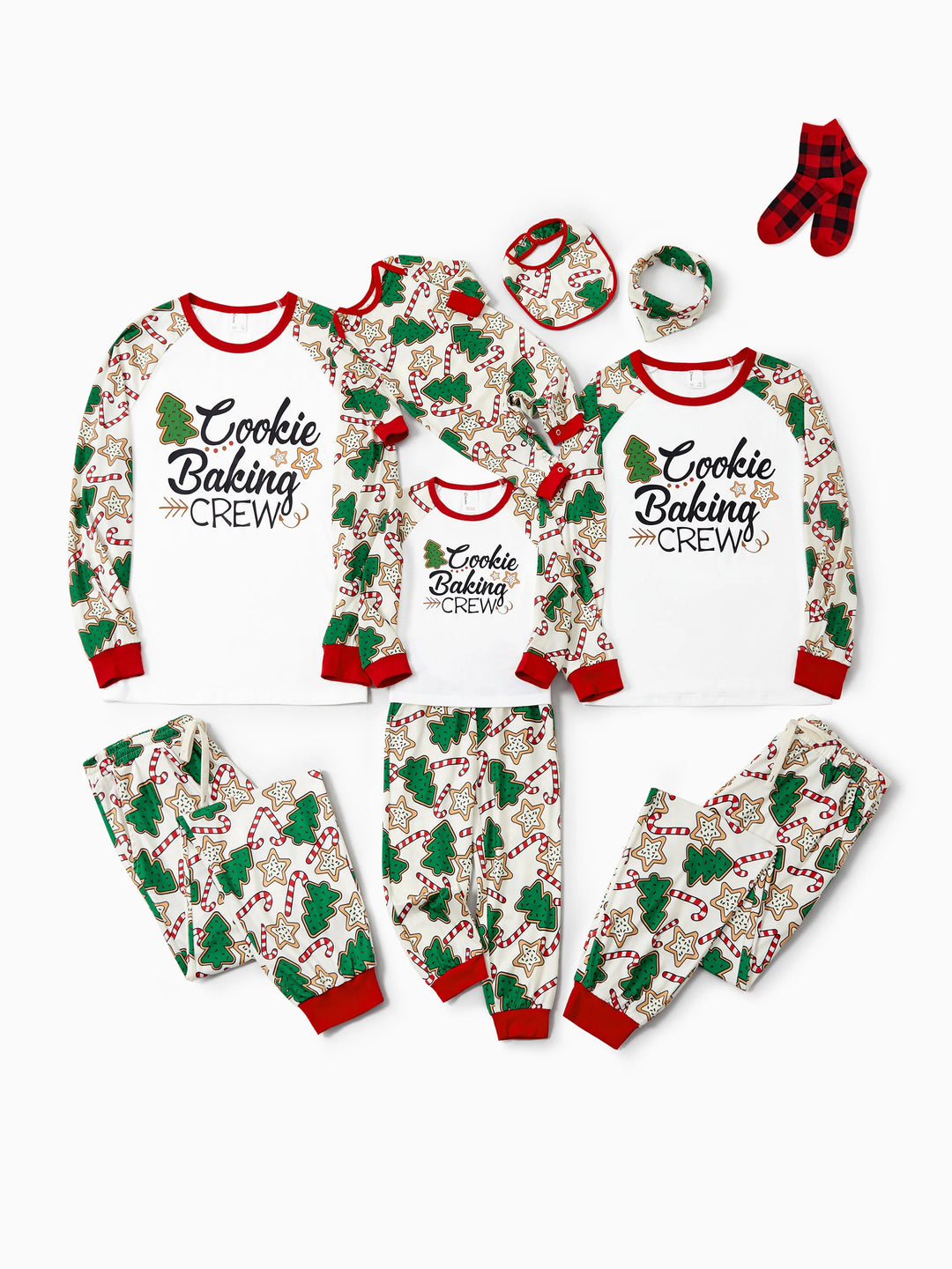 Conjunto de Pijamas em Família a Condizer para o Natal Estampado com Árvore de Natal em Vermelho e Abricot, com Meias de Natal em Abricot