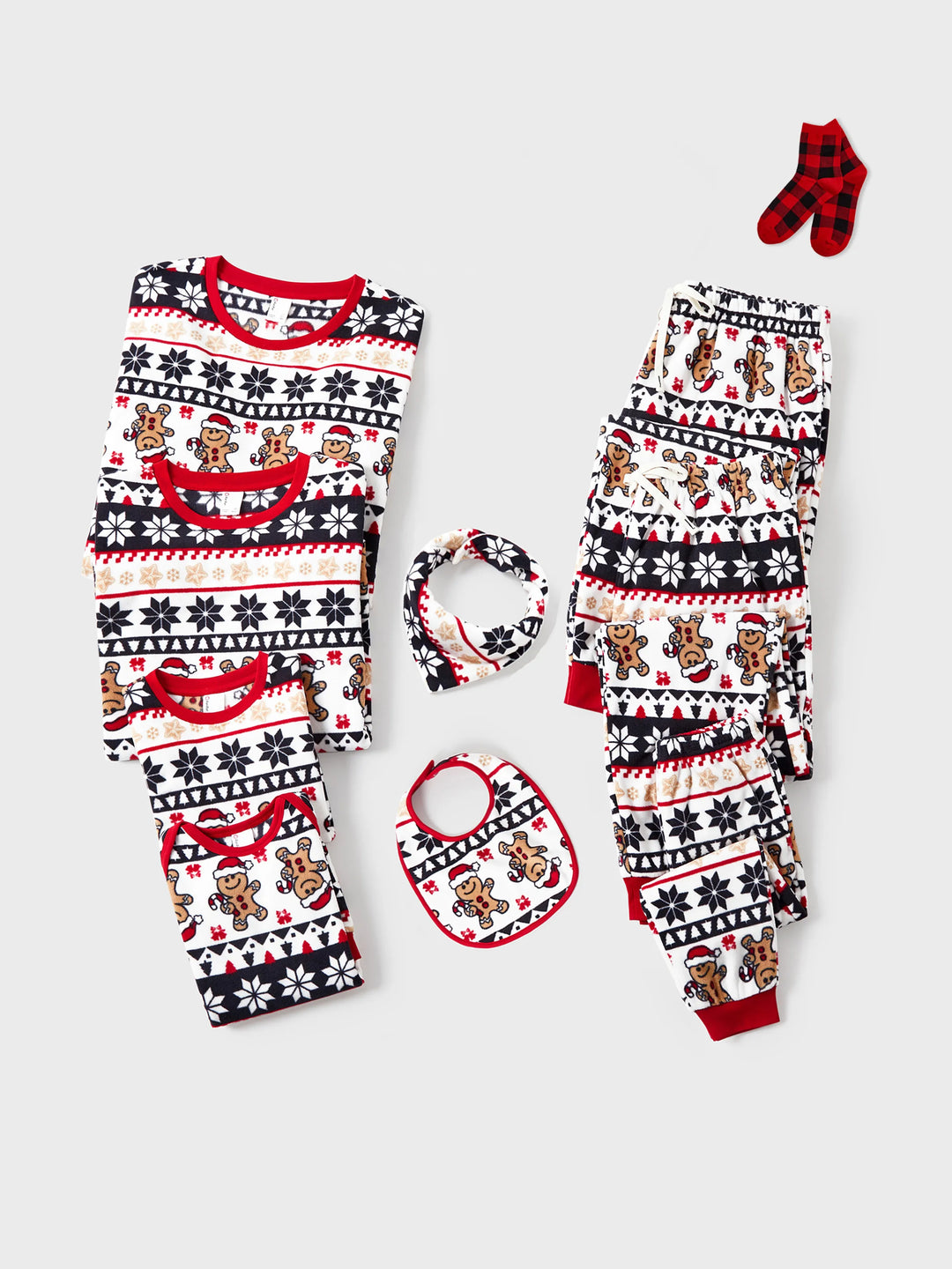 Conjunto de Pijamas de Fleece em Família para o Natal com Estampado de Gengibre e Flocos de Neve e Meias de Natal Vermelhas