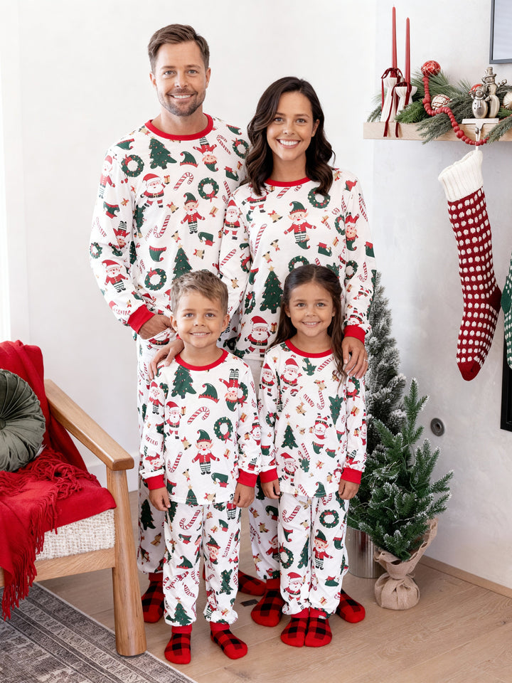Conjunto de Pijamas Coordenação de Natal para toda a Família Estampado com Pai Natal e Árvore de Natal, Pijamas de Manga Longa com Meias de Natal Brancas