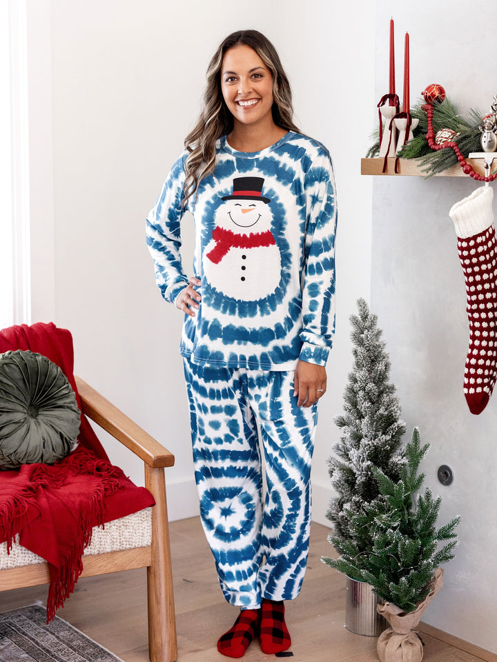 Conjunto de Pajamas de Natal em Família com Estampa de Boneco de Neve em Tie-dye Azul com Meias de Natal Azul Escuro