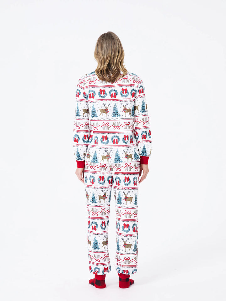 Conjunto de Pijamas de Natal em Conjunto para a Família com Estampa de Veado e Sino e Listras, com Meias de Natal Brancas