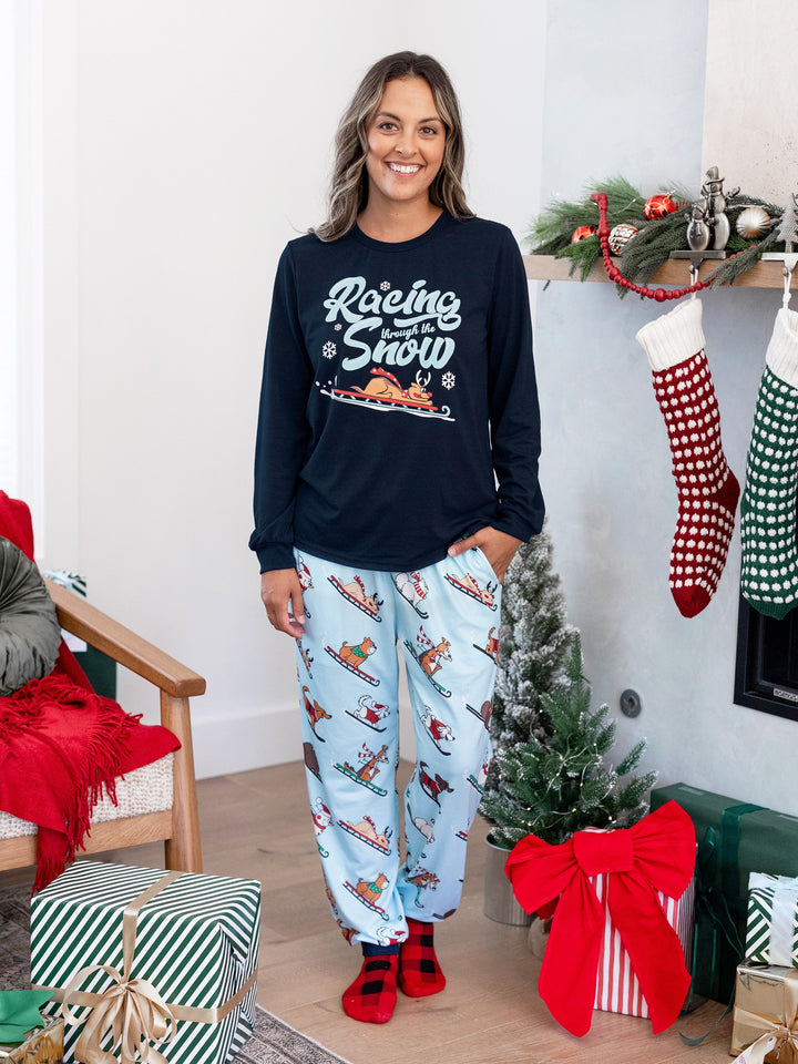 Conjunto de Pijamas de Natal para a Família com Estampa de Cães de trenó e Meias de Natal Azuis