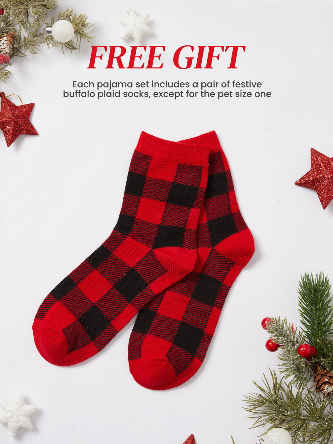 Conjunto de Pijamas Coordenação de Natal para toda a Família Estampado com Pai Natal e Árvore de Natal, Pijamas de Manga Longa com Meias de Natal Brancas