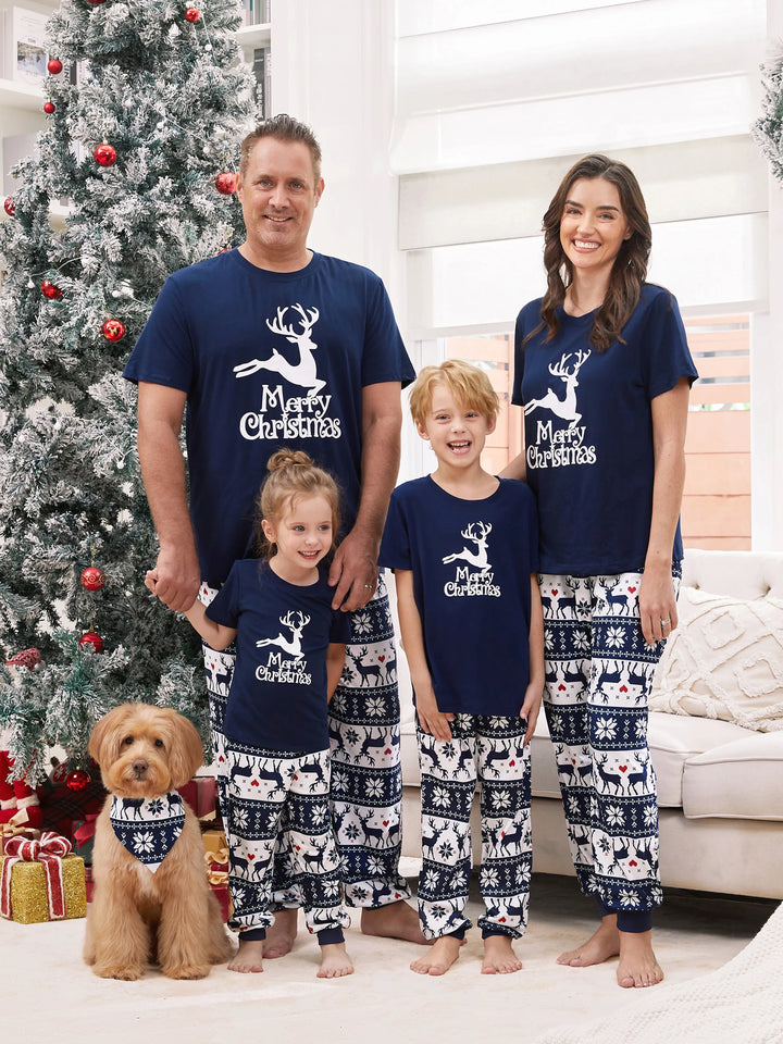 Pijamas de Família em Conjunto com Estampa de Renas de Natal que Brilham no Escuro, com Meias de Natal, Azul Escuro