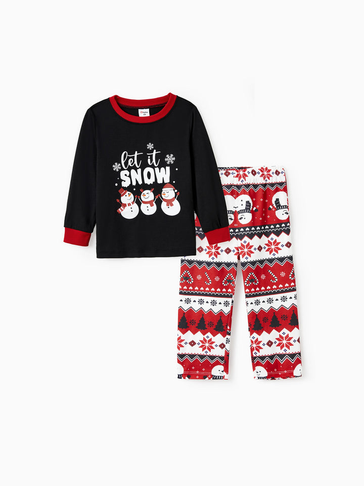 Conjunto de Pijamas de Natal para Famílias com Impressão de Boneco de Neve – PJs de Manga Longa com Meias de Natal – Preto