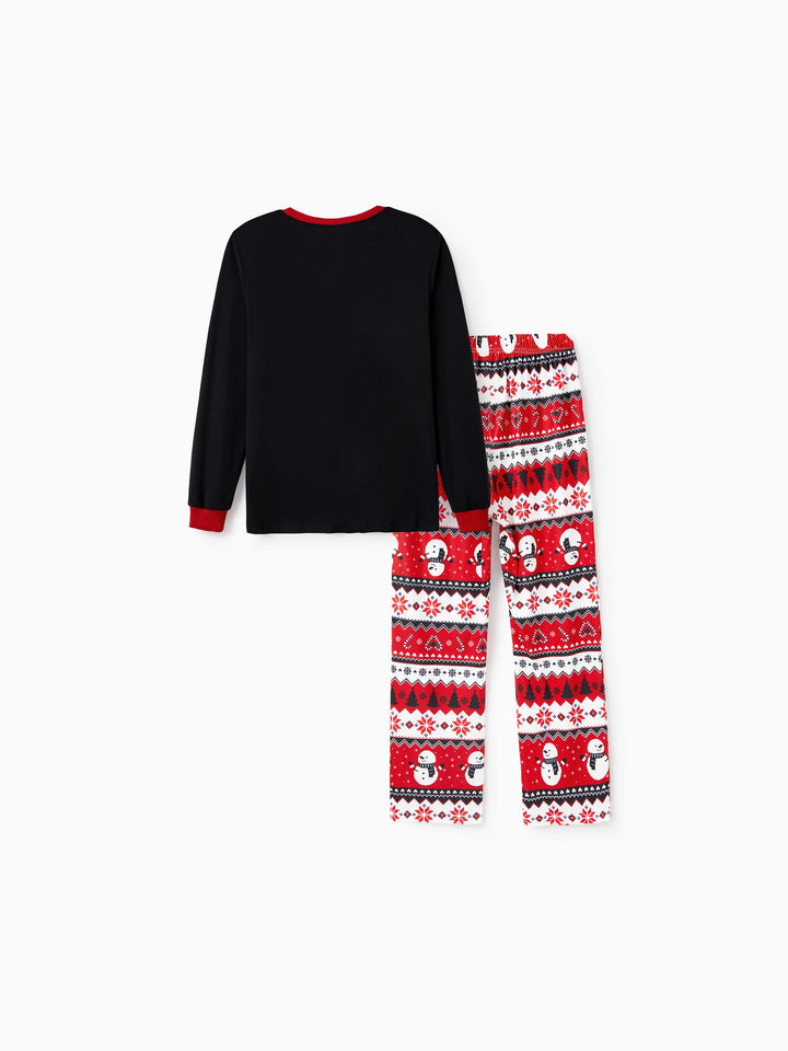 Conjunto de Pijamas de Natal para Famílias com Impressão de Boneco de Neve – PJs de Manga Longa com Meias de Natal – Preto