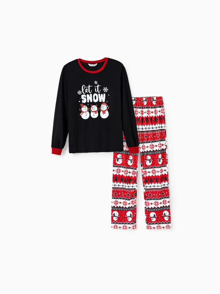 Conjunto de Pijamas de Natal para Famílias com Impressão de Boneco de Neve – PJs de Manga Longa com Meias de Natal – Preto