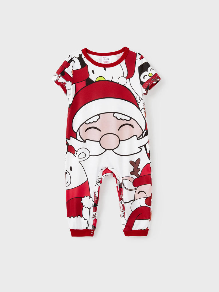 Conjuntos de Pijamas em Branco com Estampa de Pai Natal e Boneco de Neve para toda a Família - T-Shirts de Manga Curta e Calças Curtas Coordenadas
