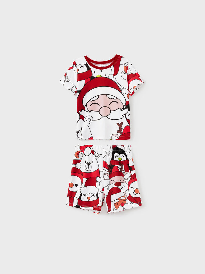 Conjuntos de Pijamas em Branco com Estampa de Pai Natal e Boneco de Neve para toda a Família - T-Shirts de Manga Curta e Calças Curtas Coordenadas