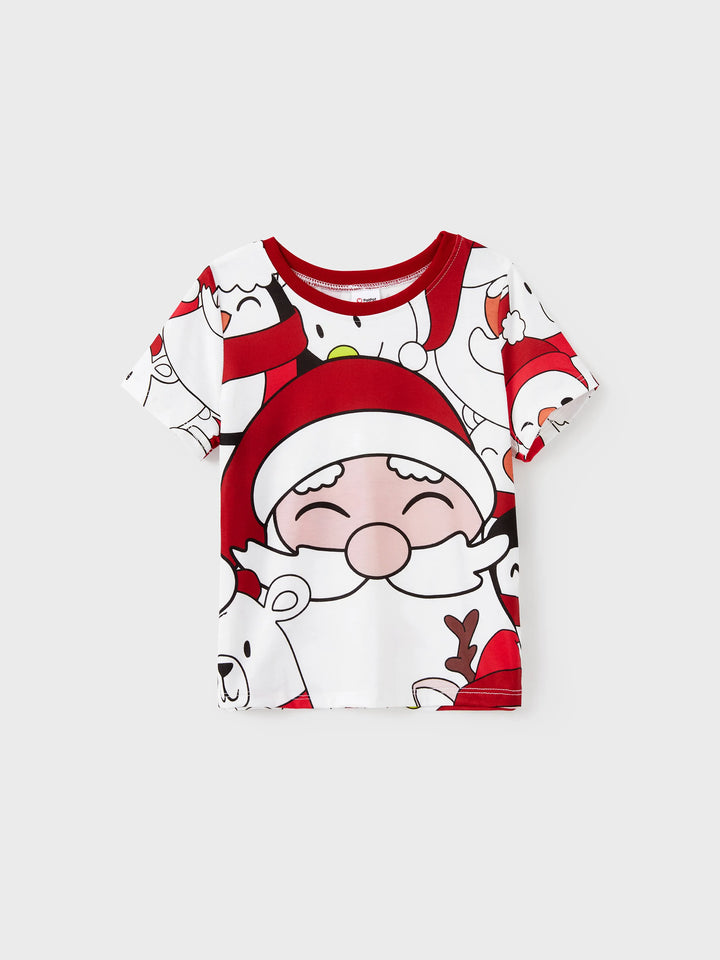 Conjuntos de Pijamas em Branco com Estampa de Pai Natal e Boneco de Neve para toda a Família - T-Shirts de Manga Curta e Calças Curtas Coordenadas