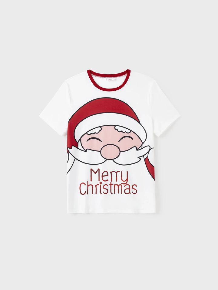 Conjuntos de Pijamas em Branco com Estampa de Pai Natal e Boneco de Neve para toda a Família - T-Shirts de Manga Curta e Calças Curtas Coordenadas