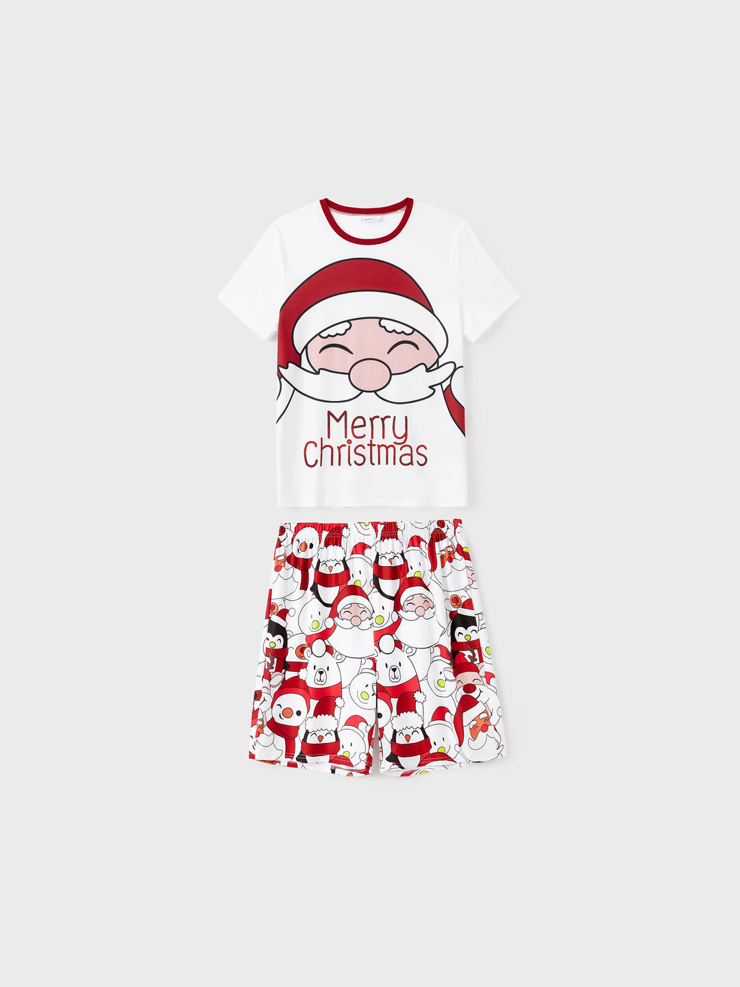 Conjuntos de Pijamas em Branco com Estampa de Pai Natal e Boneco de Neve para toda a Família - T-Shirts de Manga Curta e Calças Curtas Coordenadas