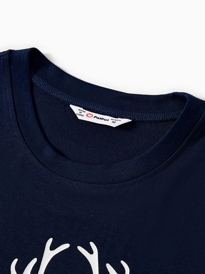 Pijamas de Família em Conjunto com Estampa de Renas de Natal que Brilham no Escuro, com Meias de Natal, Azul Escuro