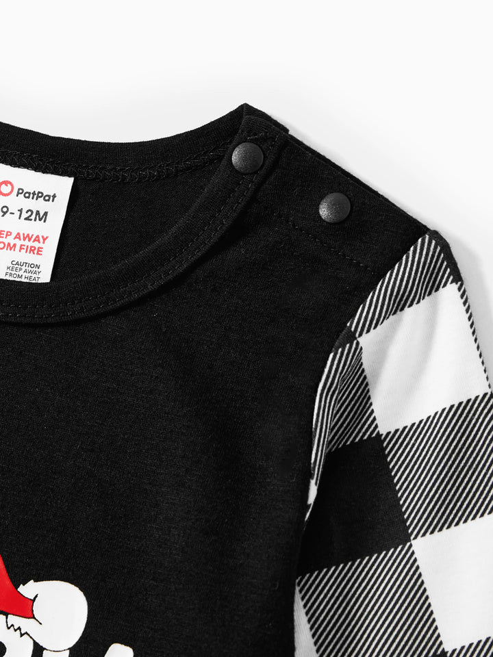 Conjunto de Pijamas de Manga Longa com Estampa de Letras que Brilham no Escuro para a Família, a Condizer no Natal, com Meias de Natal Preto+Branco