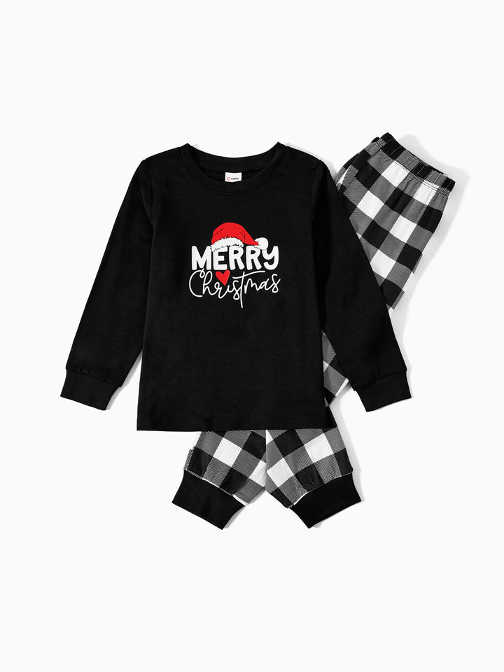 Conjunto de Pijamas de Manga Longa com Estampa de Letras que Brilham no Escuro para a Família, a Condizer no Natal, com Meias de Natal Preto+Branco