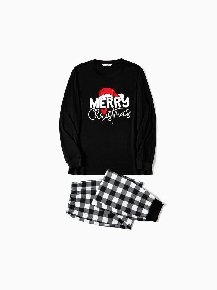 Conjunto de Pijamas de Manga Longa com Estampa de Letras que Brilham no Escuro para a Família, a Condizer no Natal, com Meias de Natal Preto+Branco