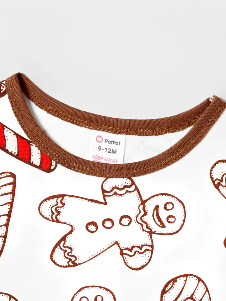 Conjunto de Pijamas de Manga Longa para a Família com Letras e Impressão de Homem de Gengibre, em Cor Caqui, Inclui Meias de Natal.