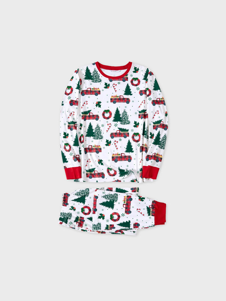 Conjunto de Pijamas de Manga Longa com Estampado de Árvores de Natal e Carros, Coordenados para a Família, com Meias de Natal em Várias Cores