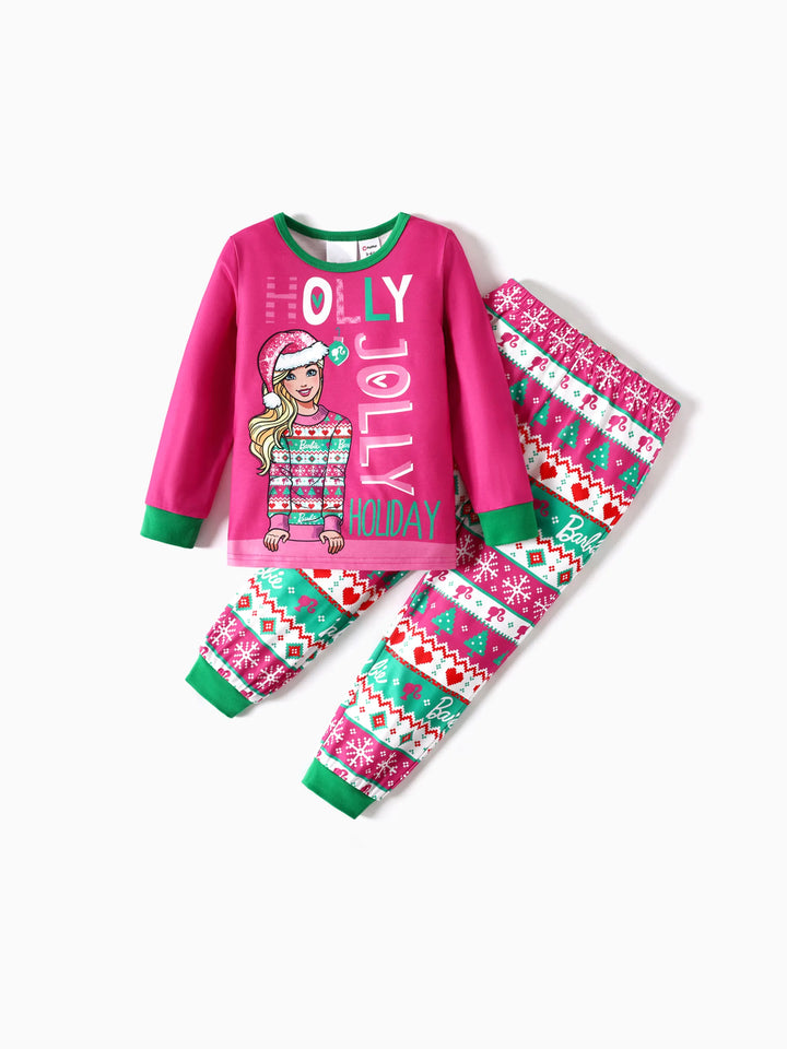 Conjunto de Pijamas de Manga Longa com Impressão Gráfica Barbie Mãe e Filha com Meias de Natal