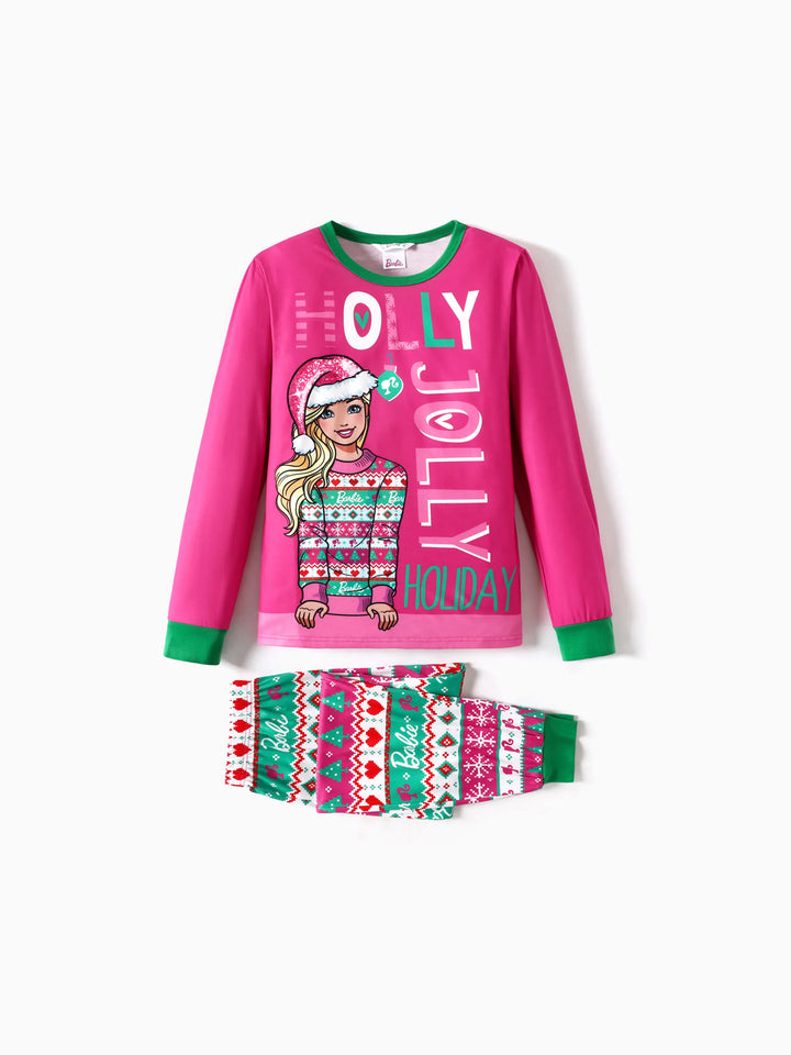 Conjunto de Pijamas de Manga Longa com Impressão Gráfica Barbie Mãe e Filha com Meias de Natal