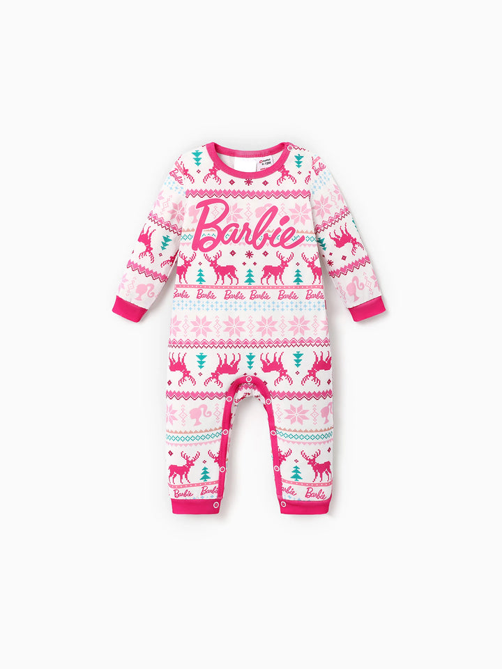 Conjuntos de Pijamas Barbie Mãe e Filha com Estampado de Neve e Renas para o Natal, Incluindo Meias de Natal