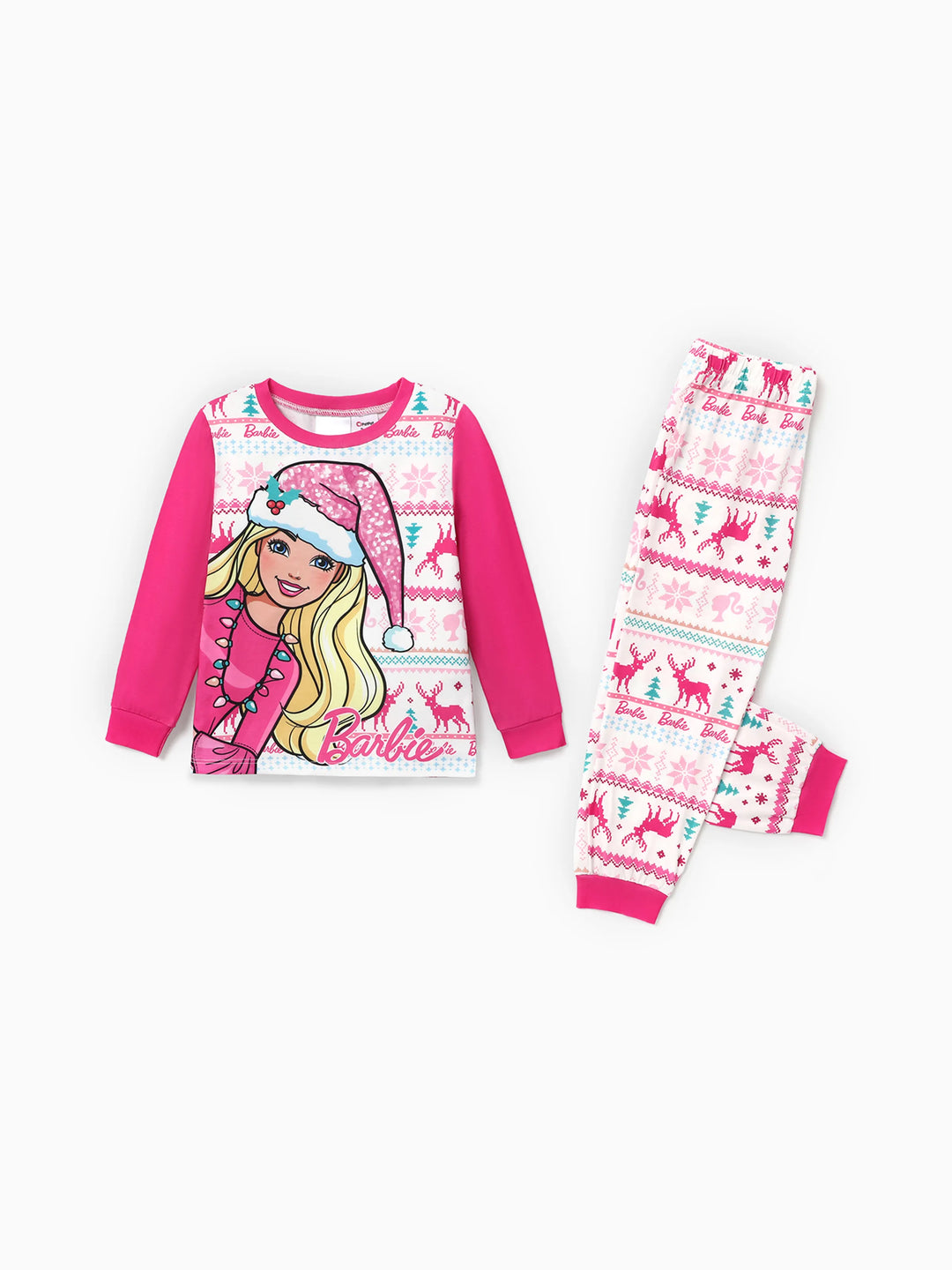 Conjuntos de Pijamas Barbie Mãe e Filha com Estampado de Neve e Renas para o Natal, Incluindo Meias de Natal