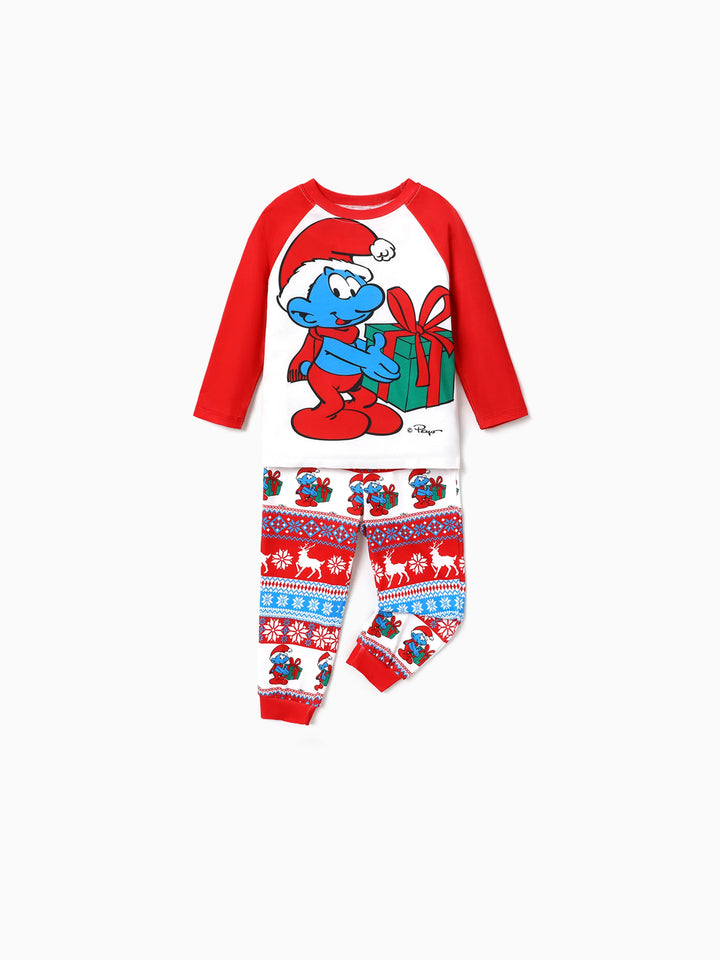 Conjuntos de Pijamas em Blocos de Cores para Famílias dos Smurfs, com Meias de Natal